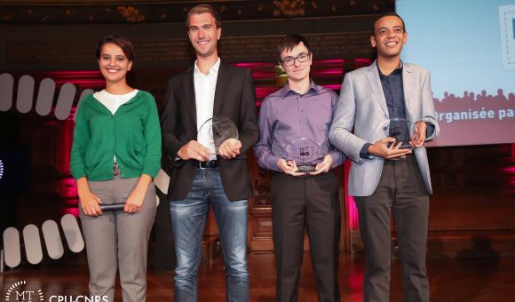 Najat Vallaud-Belkacem,French Minister of National Education, Higher Education and Research, Adrien Deliège and the two other winners, Alexandre Artaud and AbdelKader Meni Mahzoum 